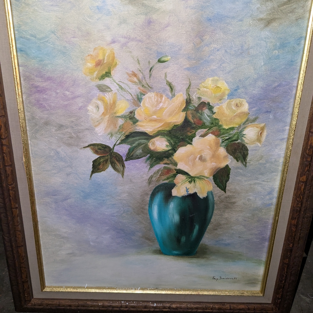 Hand Painted Signed Floral Painting with Yellow Roses
